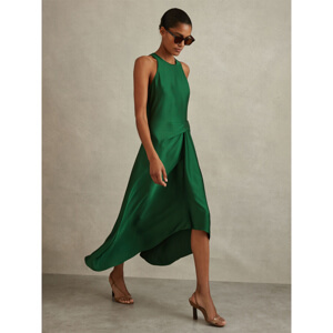 REISS MICAH Satin Drape Tuck Midi Dress